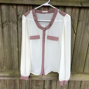 Button down cream and brown blouse